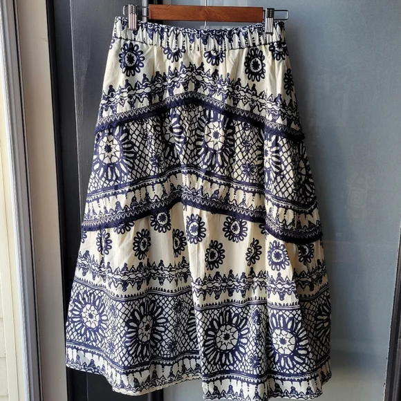 Anthropologie Love the Label Dagmar Ivory Navy Printed Sybille Skirt Small $295 - Picture 2 of 11